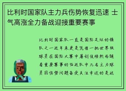 比利时国家队主力兵伤势恢复迅速 士气高涨全力备战迎接重要赛事