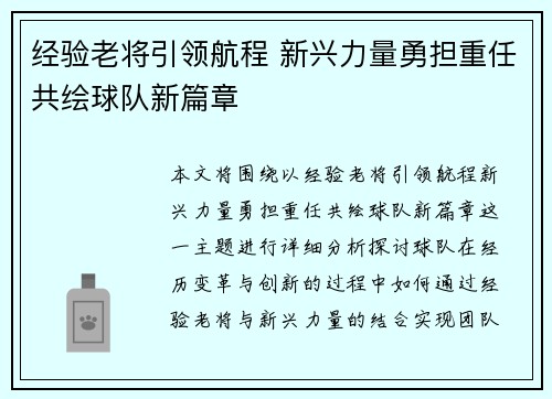 经验老将引领航程 新兴力量勇担重任共绘球队新篇章