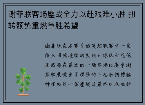 谢菲联客场鏖战全力以赴艰难小胜 扭转颓势重燃争胜希望