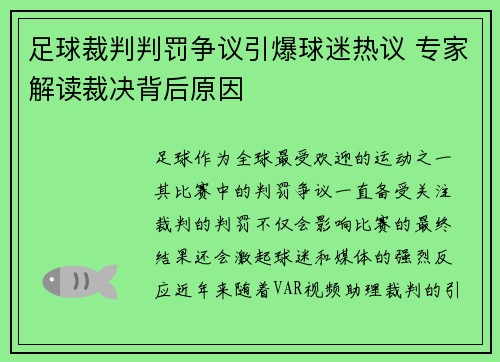 足球裁判判罚争议引爆球迷热议 专家解读裁决背后原因